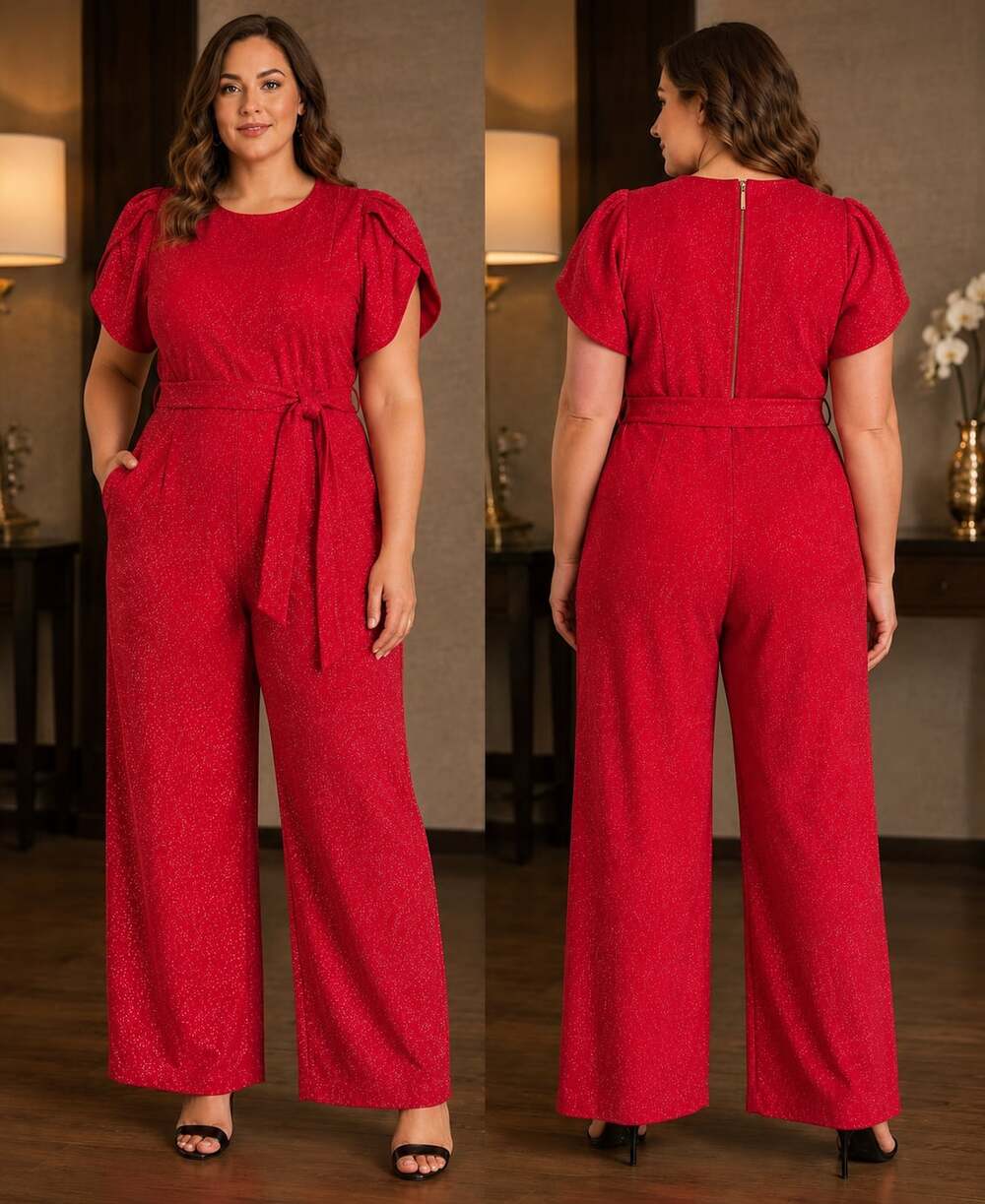 Calvin Klein Red Glitter Flutter Sleeve Belted Jumpsuit Size 16